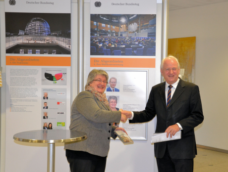 Gabriele Schmidt überreicht Heinz Rombach ein kleines Präsent und bedankt sich dafür, dass die Sparkasse Hochrhein in Waldshut ihre Räumlichkeiten für die Ausstellung zur Verfügung stellt